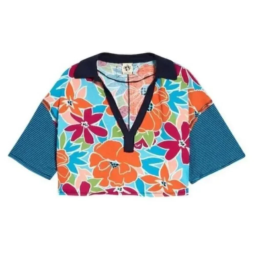 Free People On A Boat Boxy Crop Polo XS Coastal Floral NWT